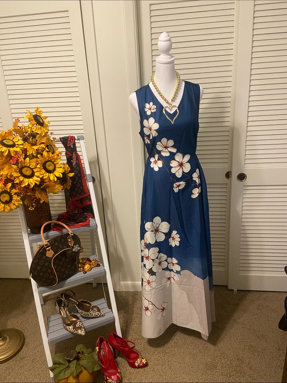 SHEIN Navy Blue Maxi Dress with White Floral Print